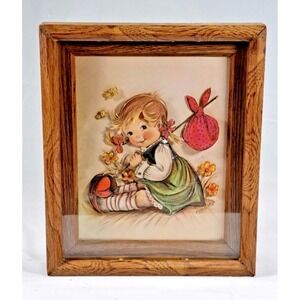 VTG Eva Harta 3D Paper Tole Art Shadowbox Oak Frame Girl with Bindle‎ Folk Art